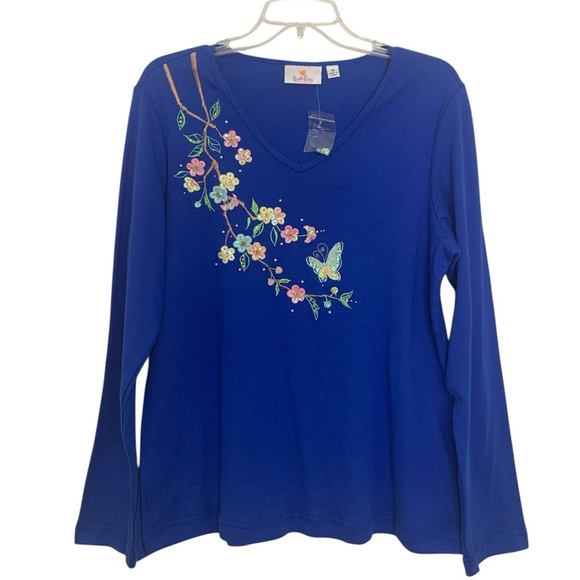NWOT Quacker Factory Blue Floral Embroidered Long Sleeve 100% Cotton Top Size M - Picture 1 of 9